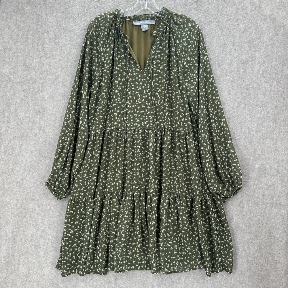 Lark + Grey Olive Green Floral Chiffon Tiered Cottagecore Dress XL Ruffle